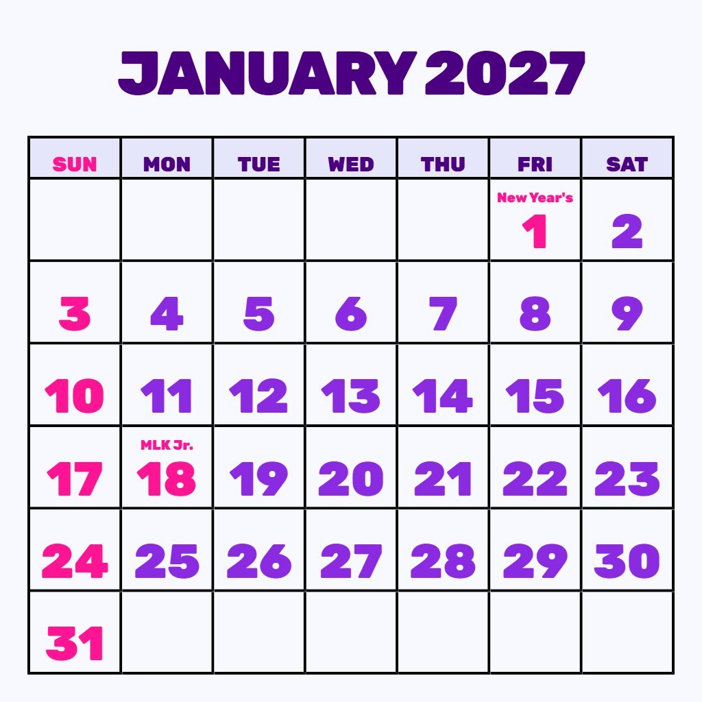 Custom Jan 2027 Calendar Printable Free Notes PDF Download