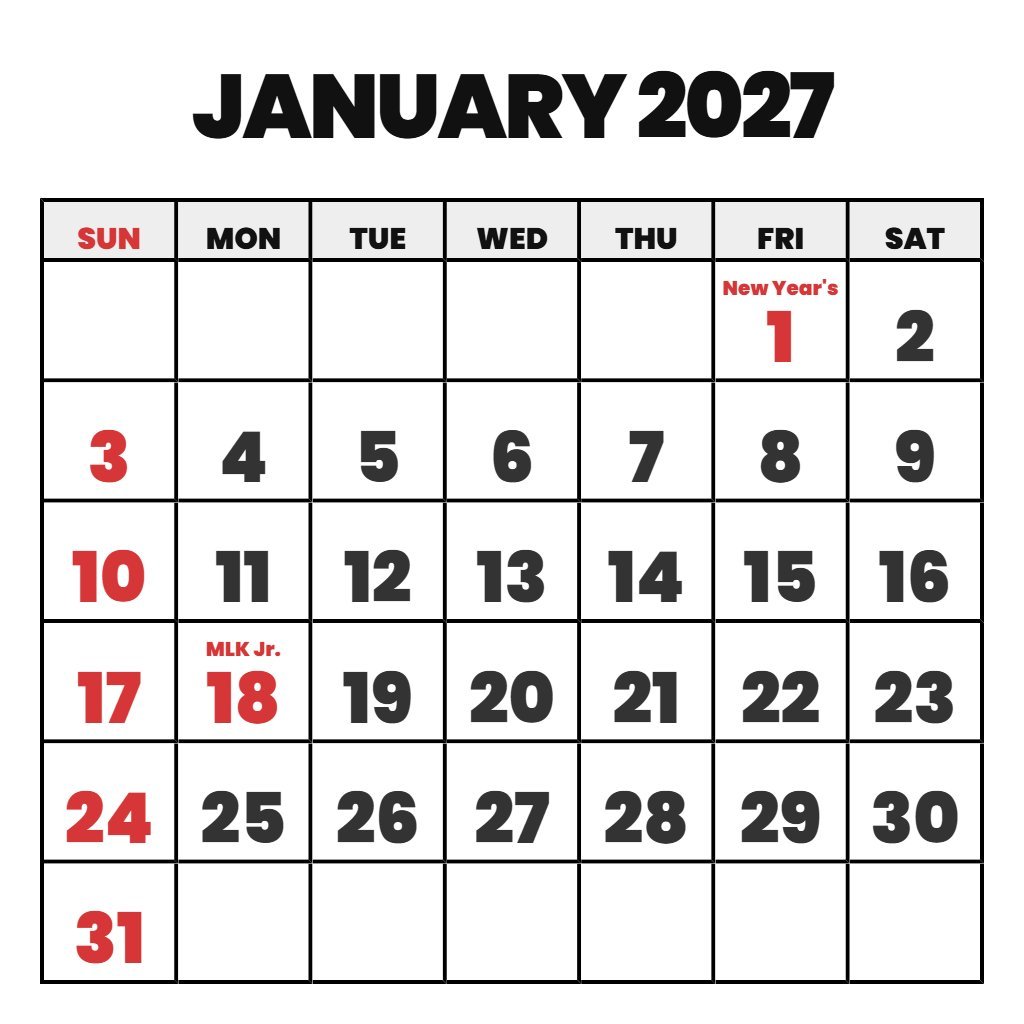 Jan 2027 Calendar Printable Free PDF Download