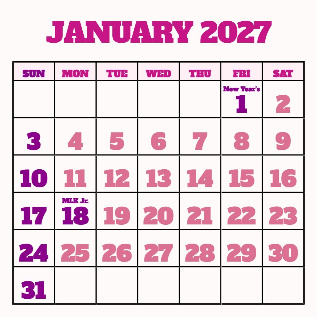 Free Jan 2027 Calendar With Holidays Printable Schedule PDF Download
