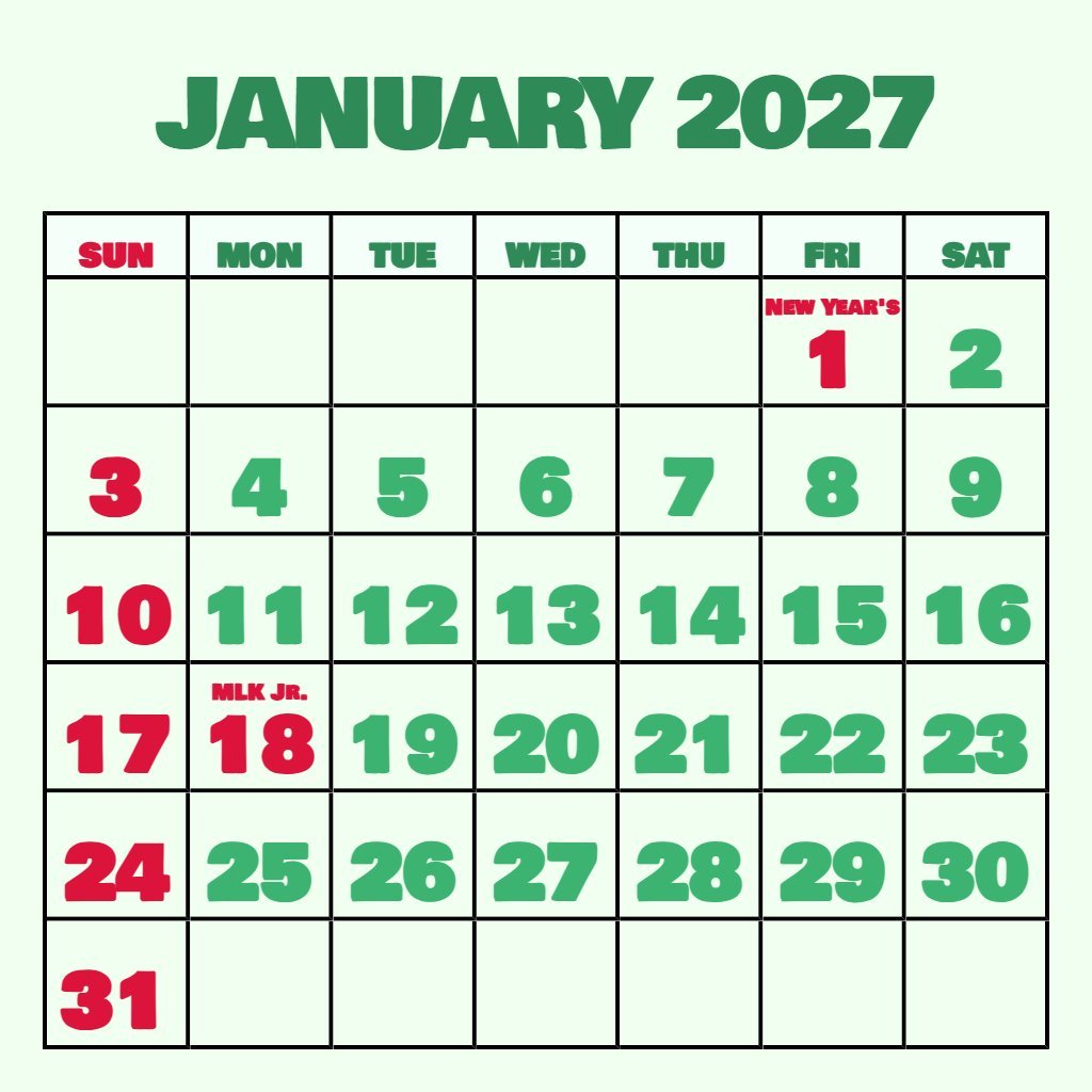 Custom Jan 2027 Calendar With Holidays Printable Wallpaper PDF Download