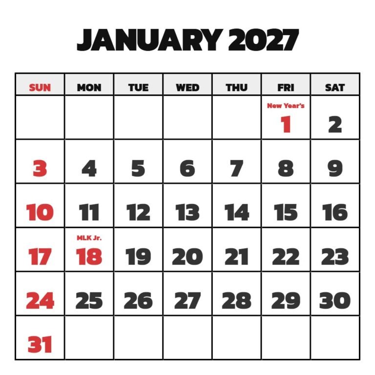 Jan 2027 Calendar With Holidays Printable PDF Download