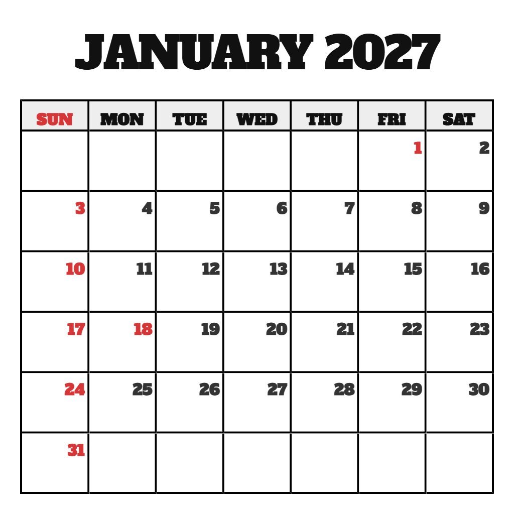Editable January 2027 Blank Calendar Printable Free Planning PDF Download