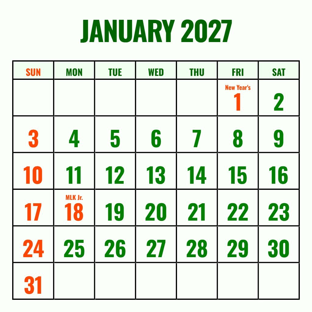 Cute January 2027 Blank Calendar Printable Free Schedule PDF Download