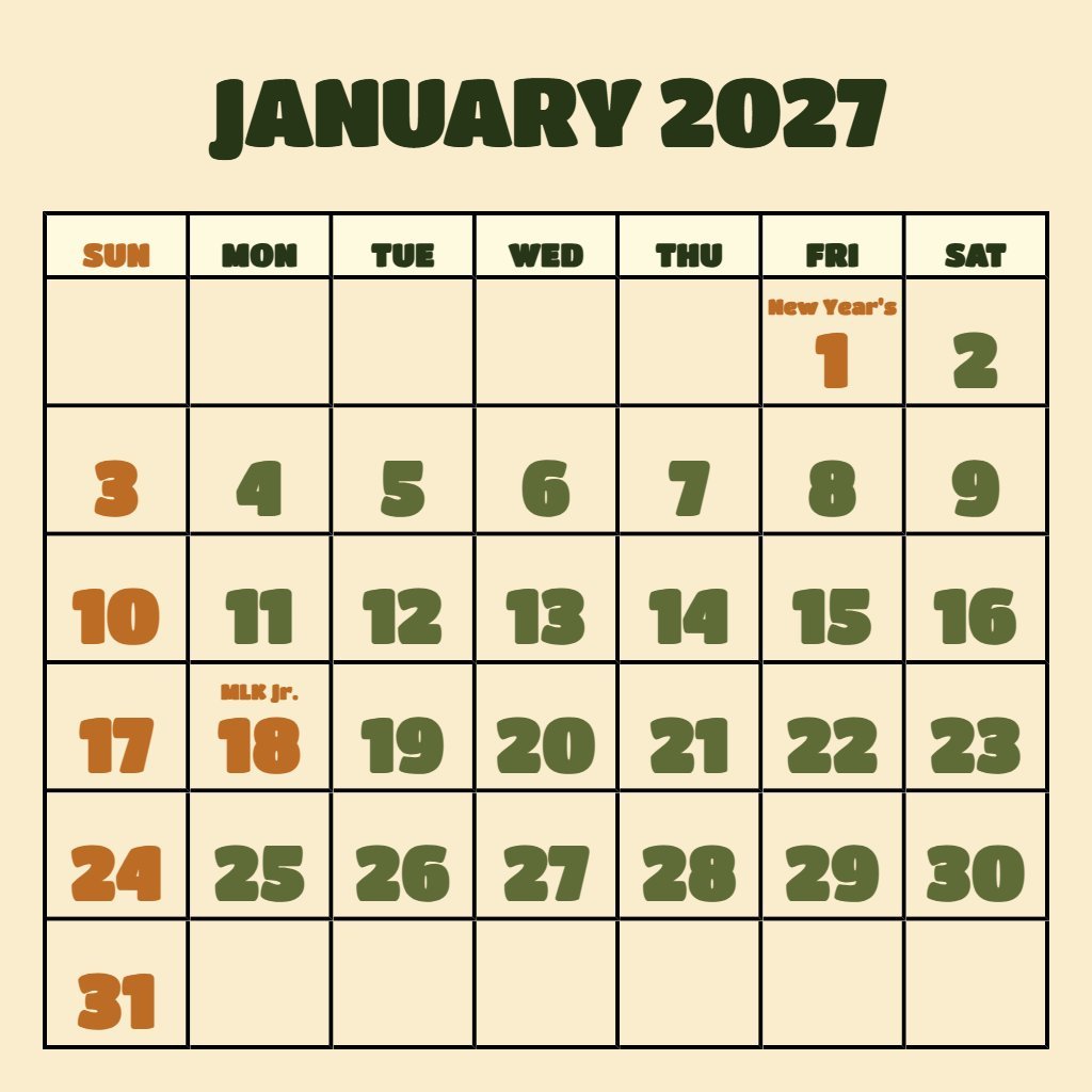 Editable January 2027 Blank Calendar Printable Free Schedule PDF Download