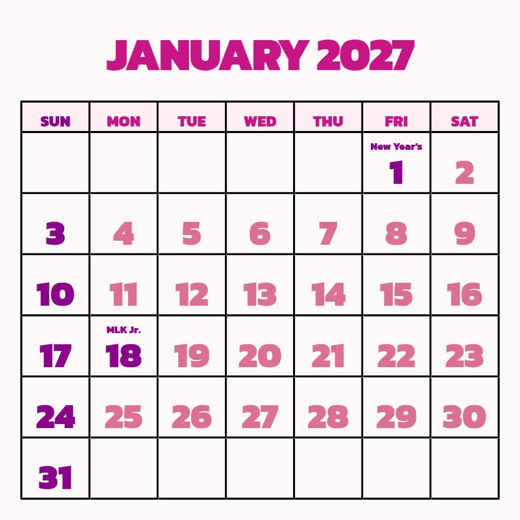Custom January 2027 Calendar Free Printable Planning PDF Download