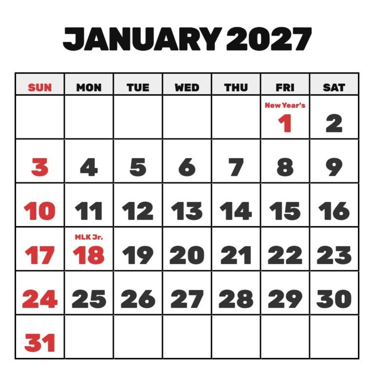 January 2027 Calendar Free Printable PDF Download