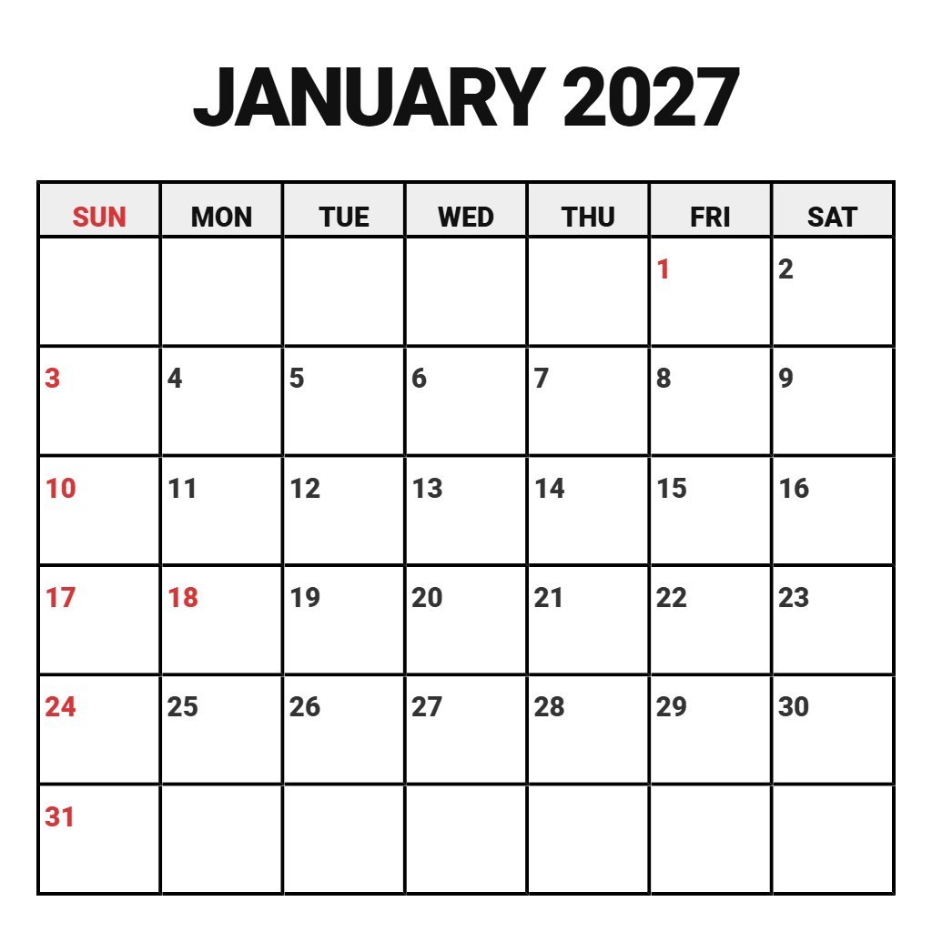 Cute January 2027 Calendar Pdf Printable Free Wallpaper PDF Download