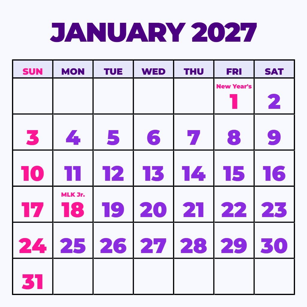 Cute January 2027 Calendar Pdf Printable Free Wallpaper PDF Download