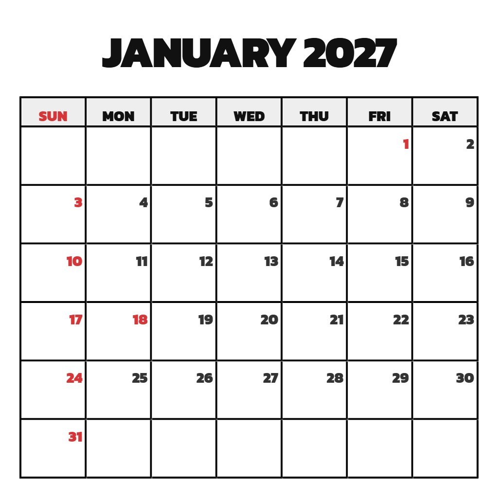Cute January 2027 Calendar Printable Free Planning PDF Download