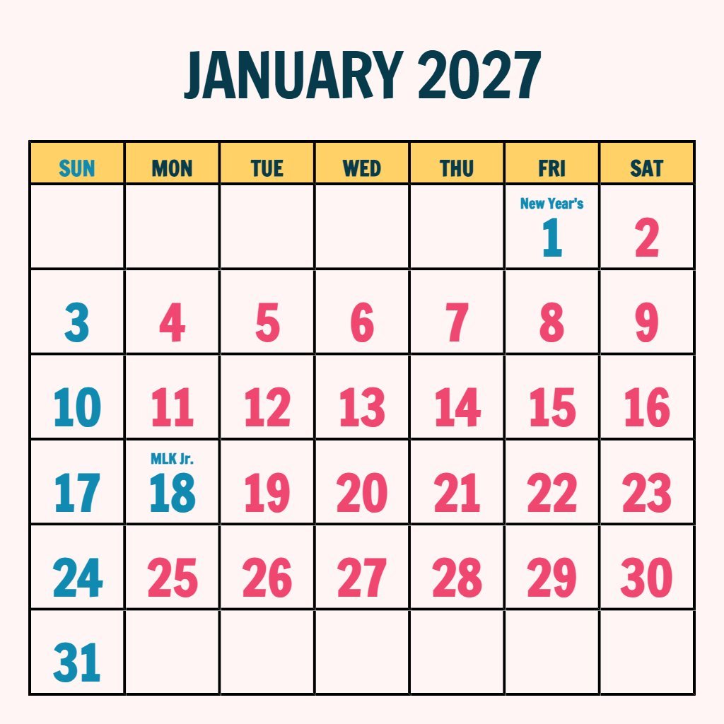 Custom January 2027 Calendar Printable Free Notes PDF Download