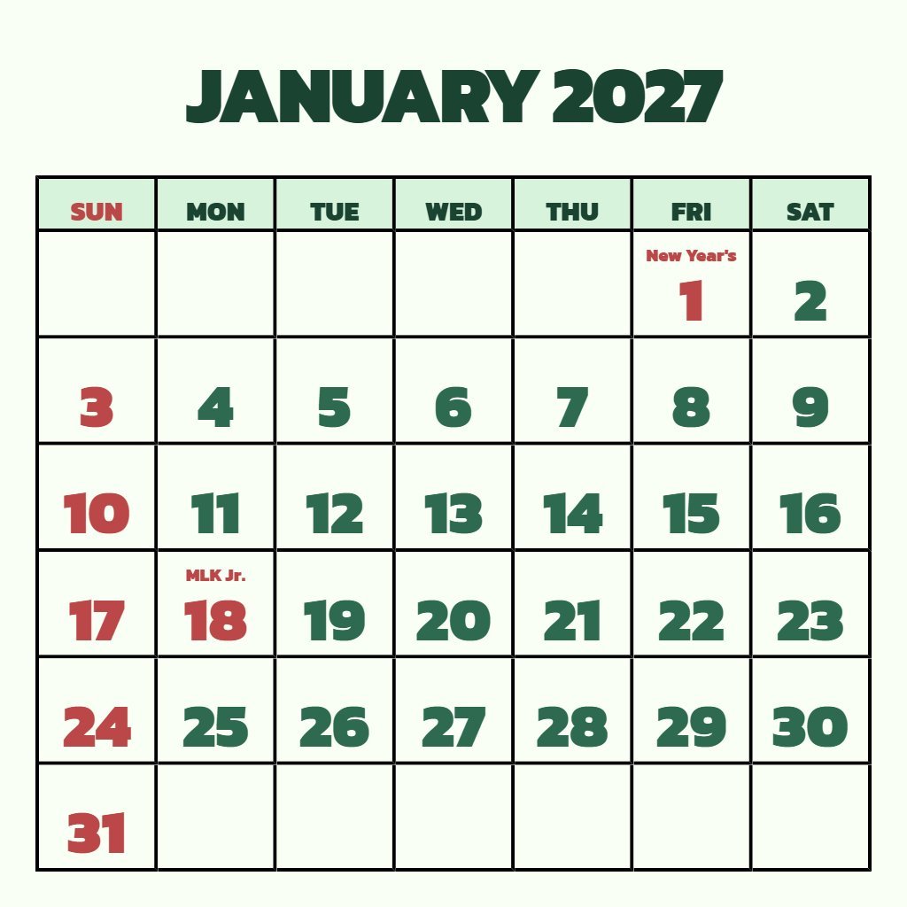 Cute January 2027 Calendar Printable Free Schedule PDF Download