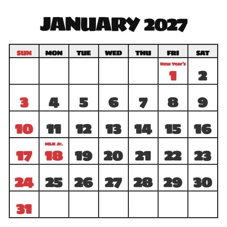 January 2027 Calendar Printable Free PDF Download