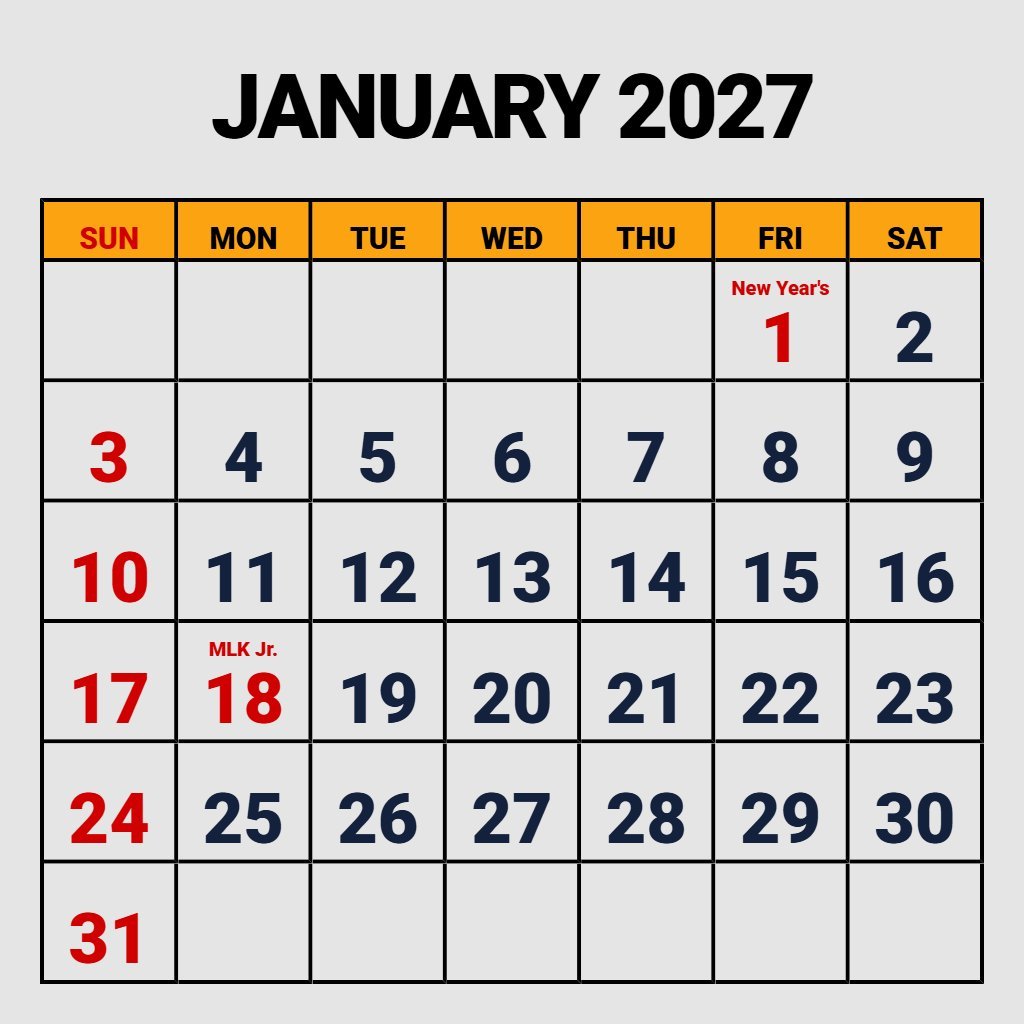 Custom January 2027 Calendar Printable Free Download Wallpaper PDF Download