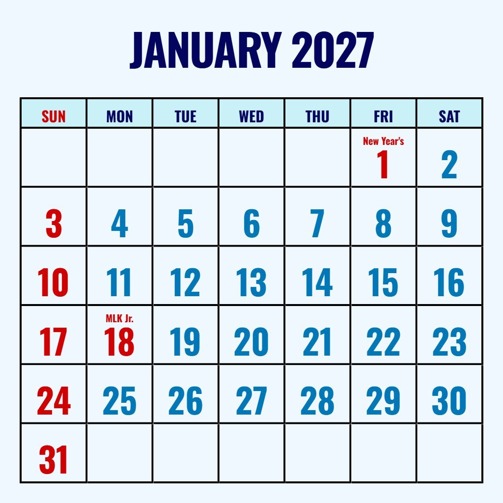 Editable January 2027 Calendar Printable Free Download Wallpaper PDF Download