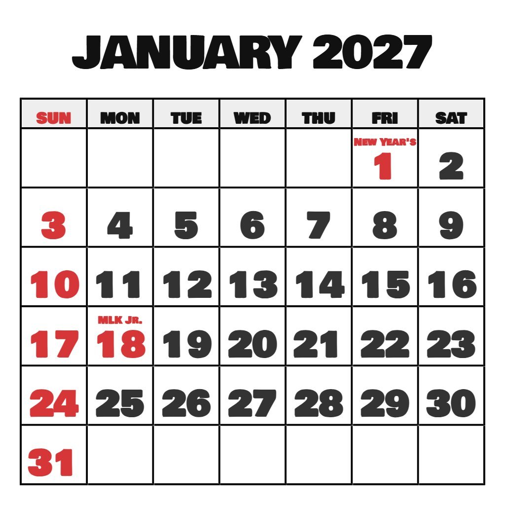 January 2027 Calendar Printable Free Download PDF Download