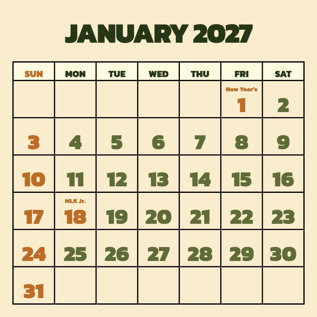 Free January 2027 Calendar Printable Pdf Notes PDF Download