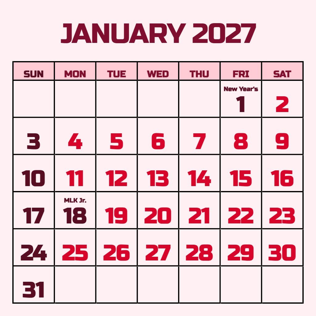 Cute January 2027 Calendar Printable Pdf Planning PDF Download