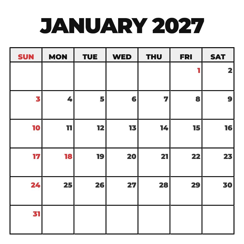 Free January 2027 Calendar Printable Pdf Free Schedule PDF Download