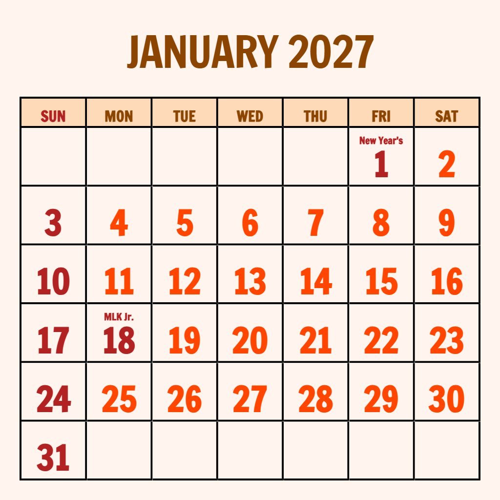 Free January 2027 Calendar Printable Pdf Free Planning PDF Download