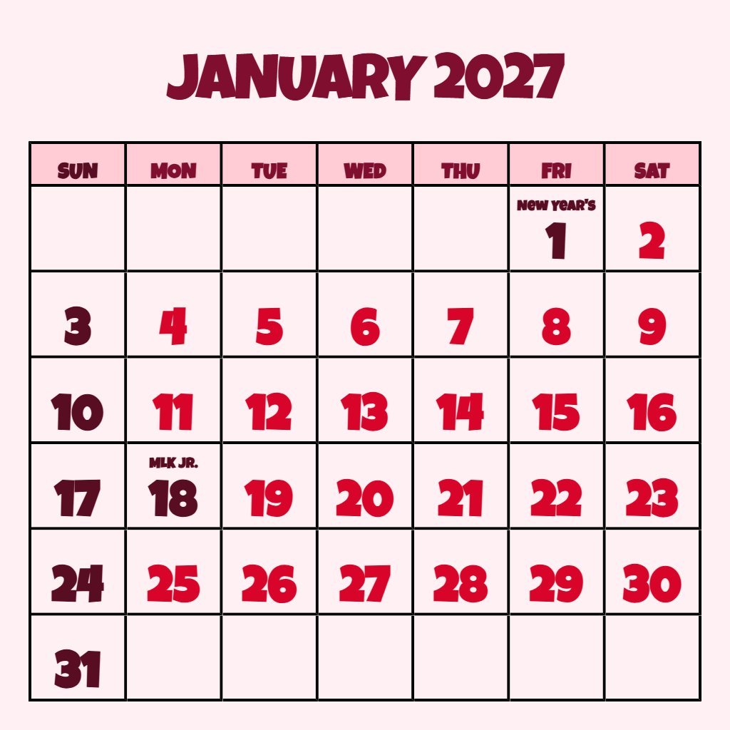 Editable January 2027 Calendar Printable Pdf Free Download Notes PDF Download