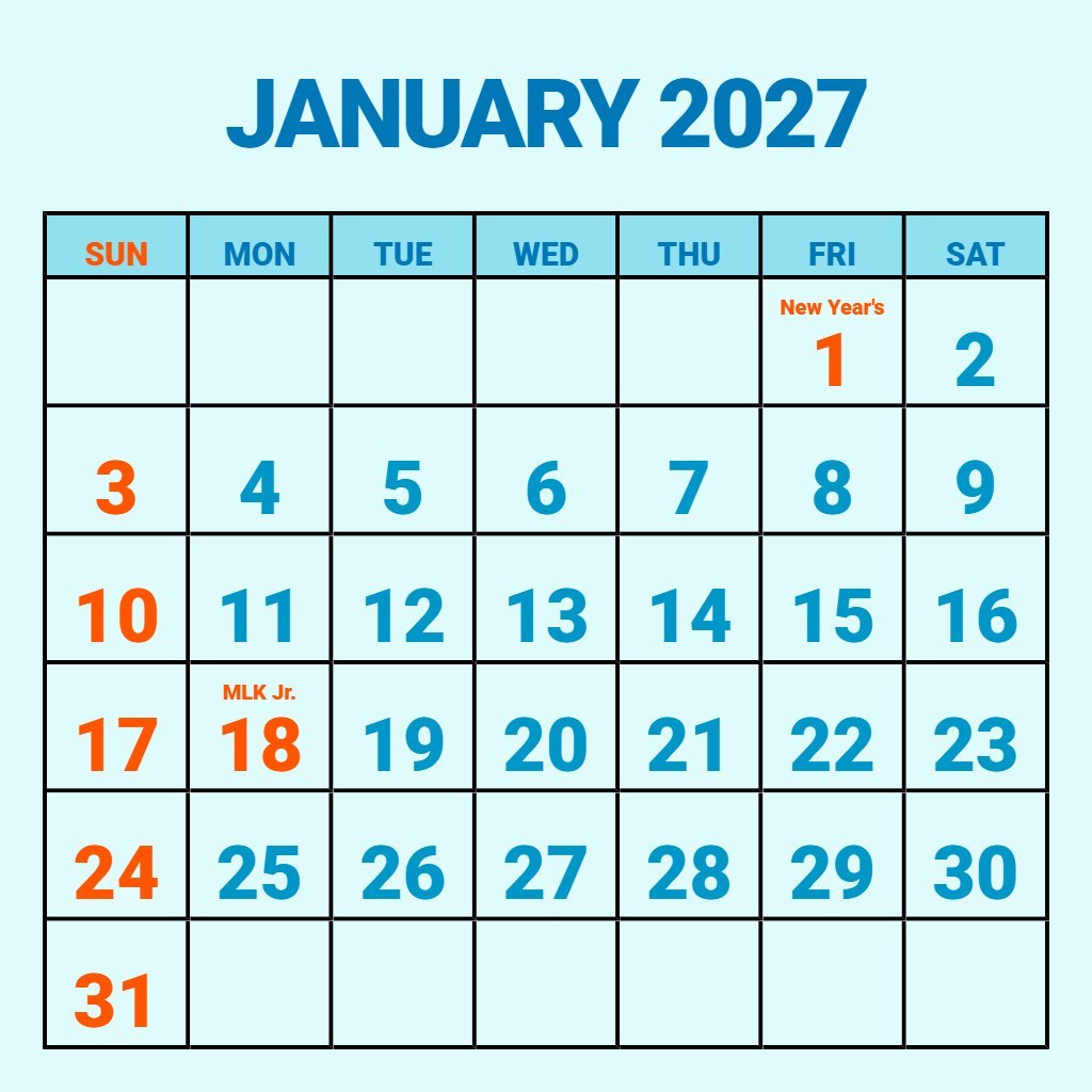 Cute January 2027 Calendar Printable Pdf Free Download Schedule PDF Download