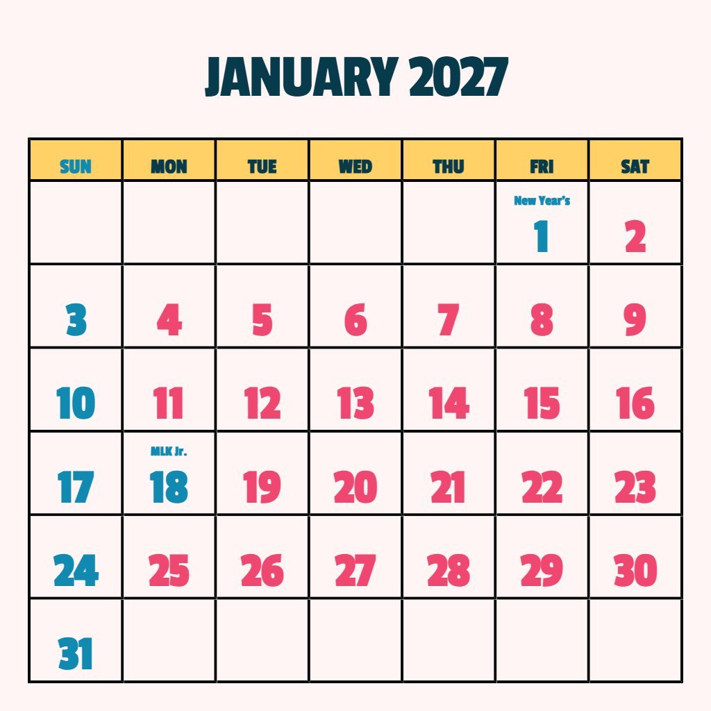 Free January 2027 Calendar Printable Pdf Free Download Word Schedule PDF Download