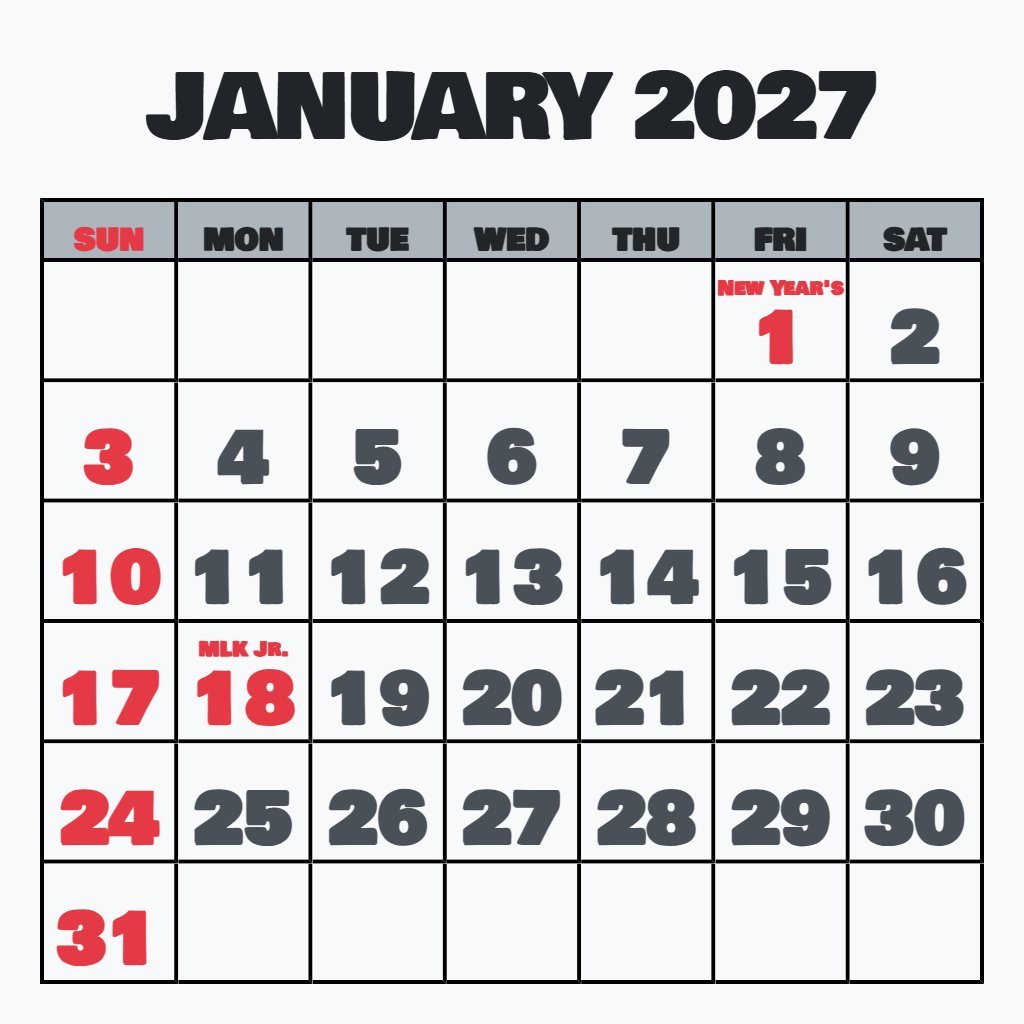 Free January 2027 Calendar Printable Portrait Wallpaper PDF Download