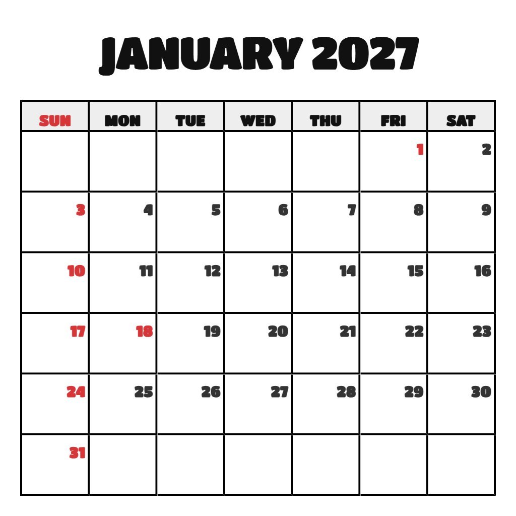 Editable January 2027 Calendar Printable Vertical Schedule PDF Download