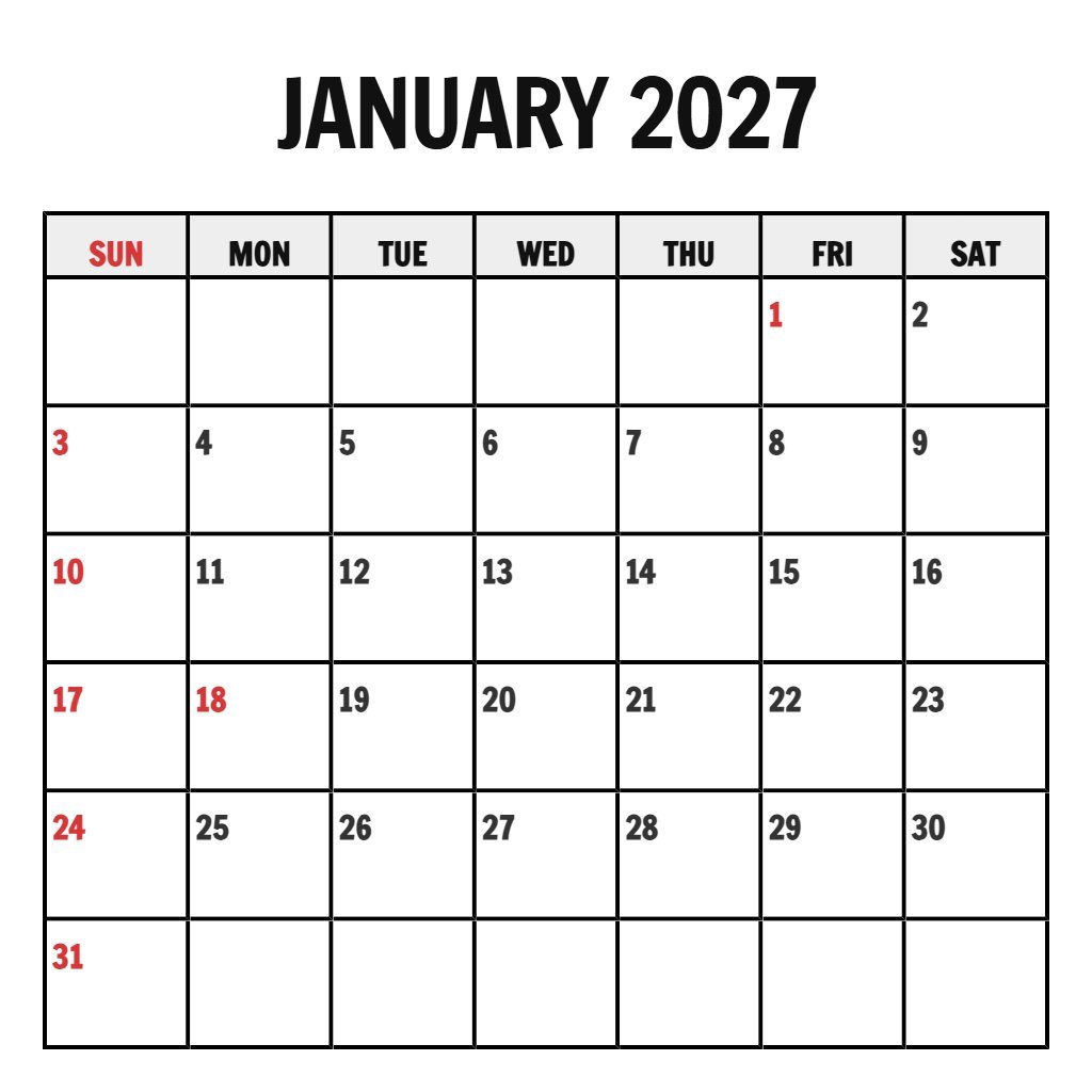 Custom January 2027 Calendar Printable Vertical Planning PDF Download