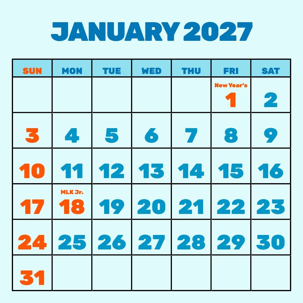 Free January 2027 Calendar Printable Vertical Schedule PDF Download