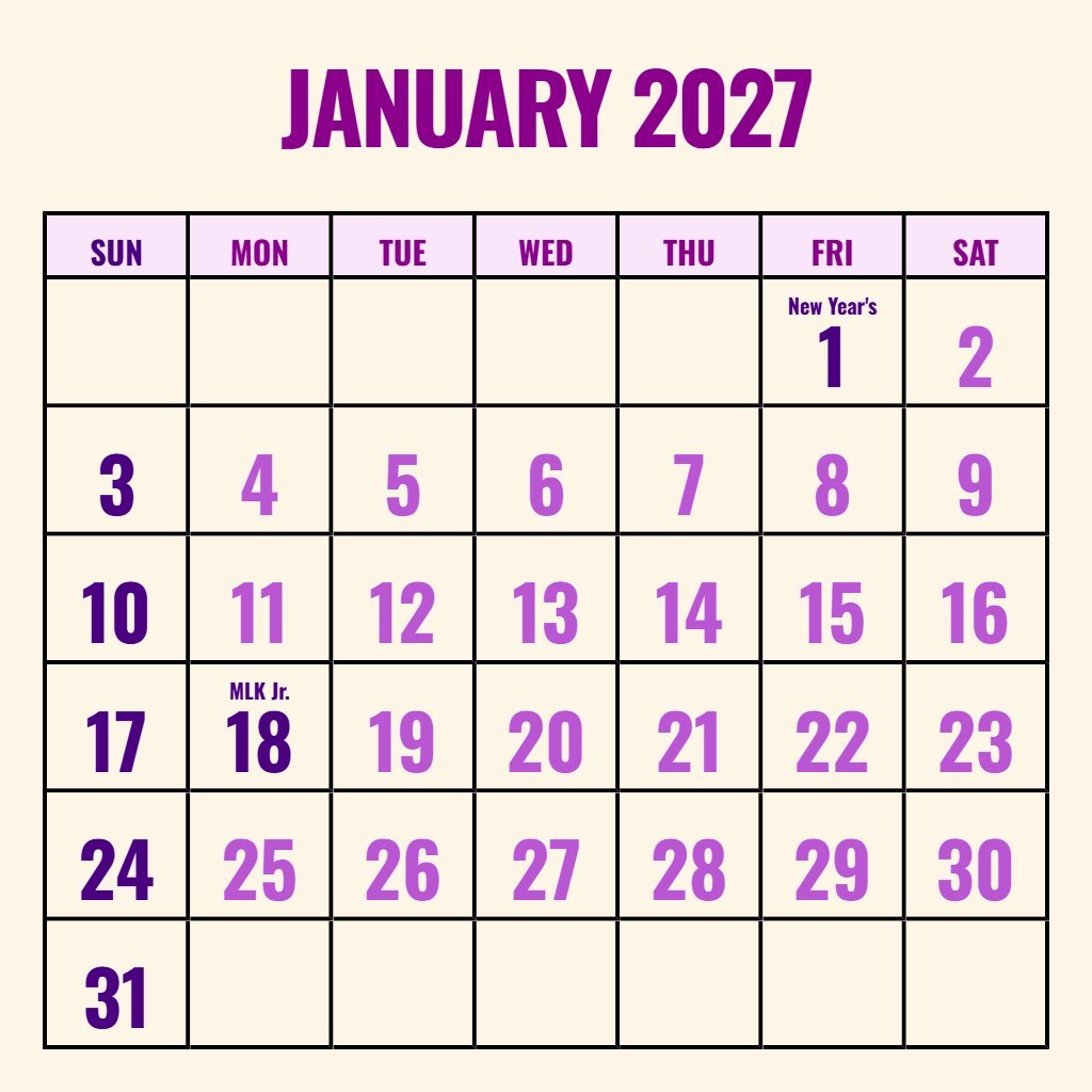 Free January 2027 Calendar Printable Wiki Planning PDF Download