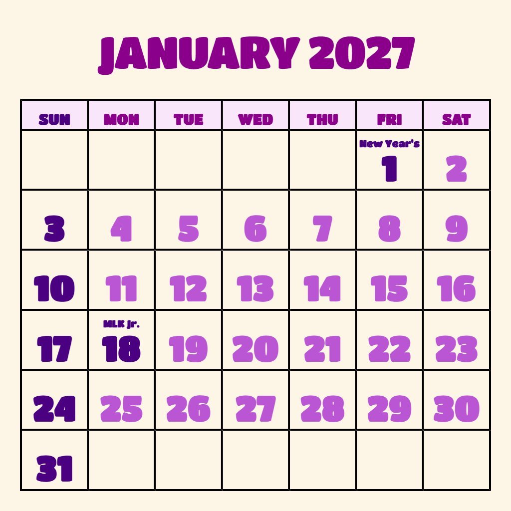Custom January 2027 Calendar Printable Wiki Wallpaper PDF Download