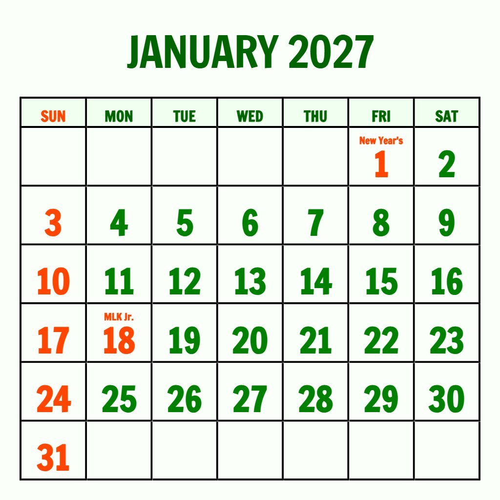 Cute January 2027 Calendar Printable Word Planning PDF Download