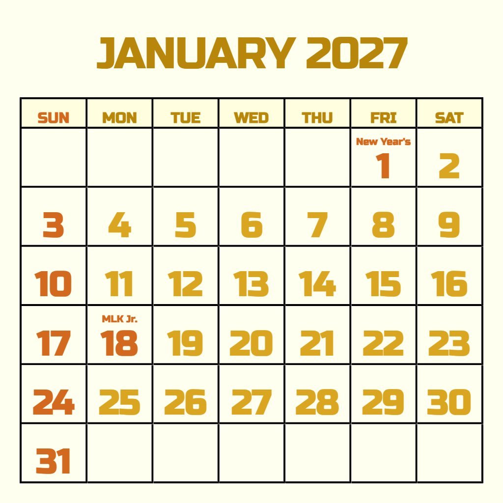 Cute January 2027 Calendar Printable Word Schedule PDF Download