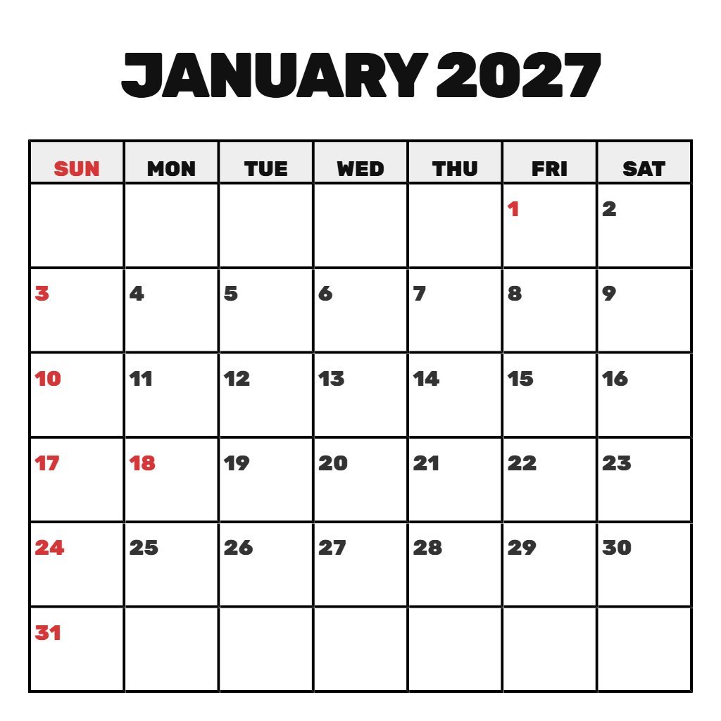 Free January 2027 Calendar Wiki Printable Notes PDF Download