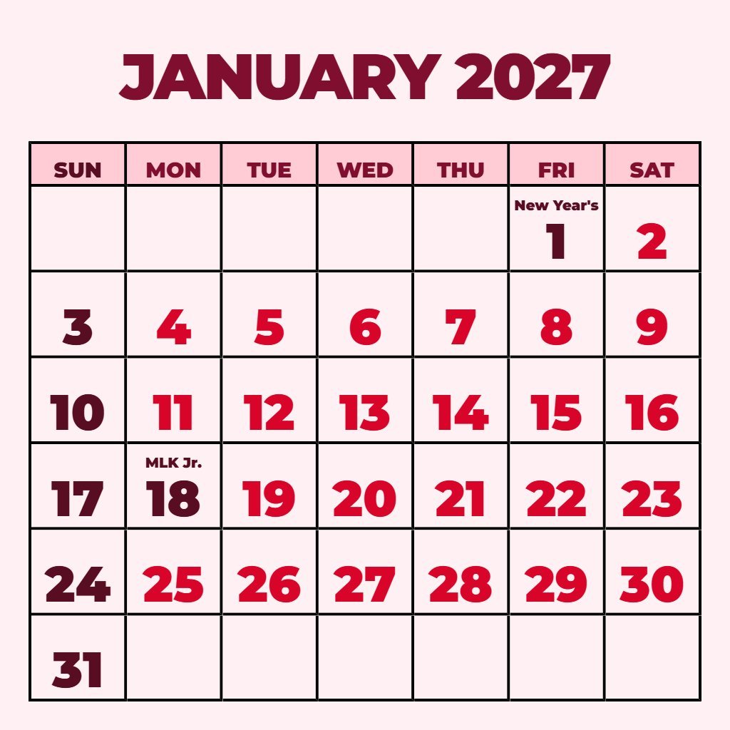 Editable January 2027 Calendar Wiki Printable Schedule PDF Download