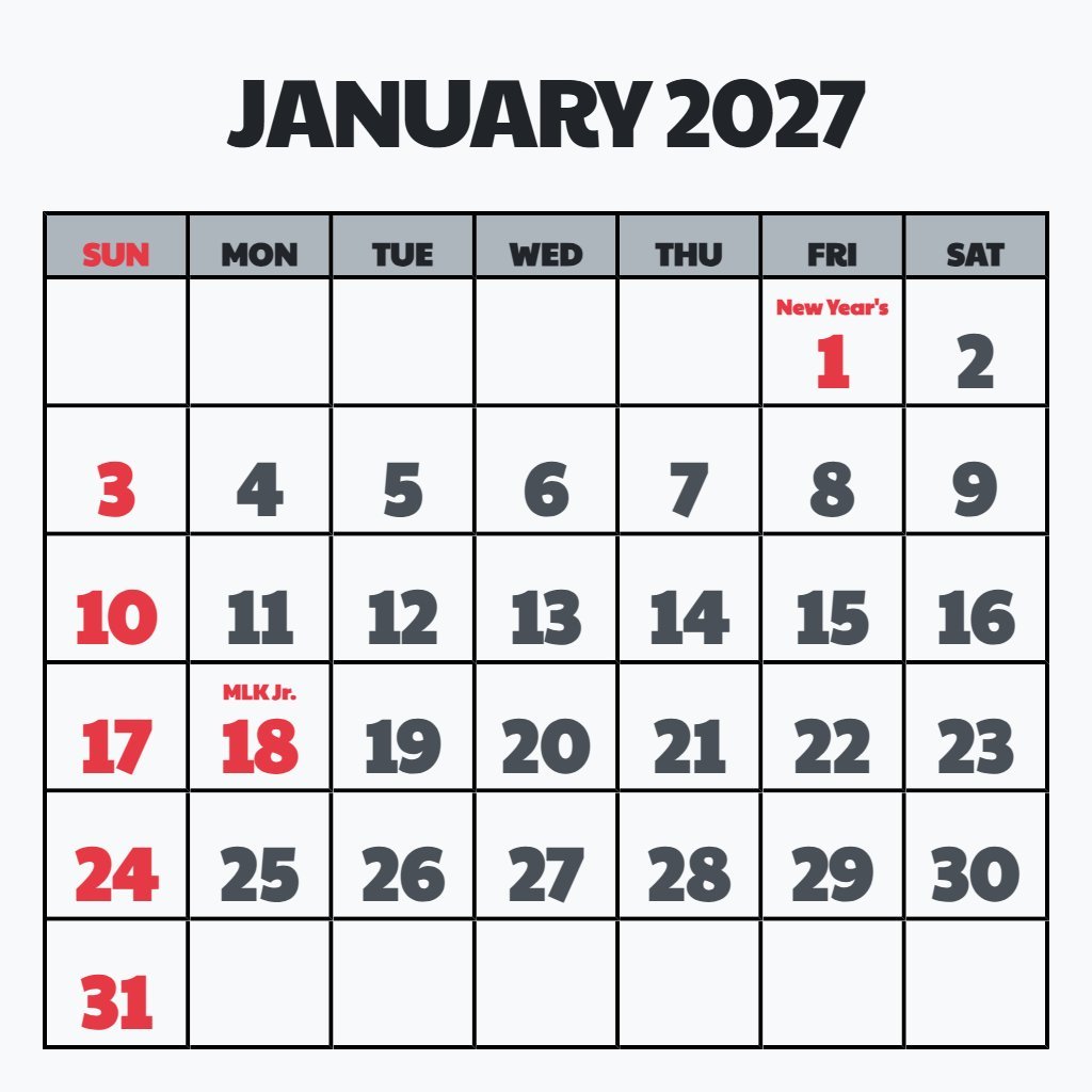 Cute January 2027 Calendar Wiki Printable Schedule PDF Download