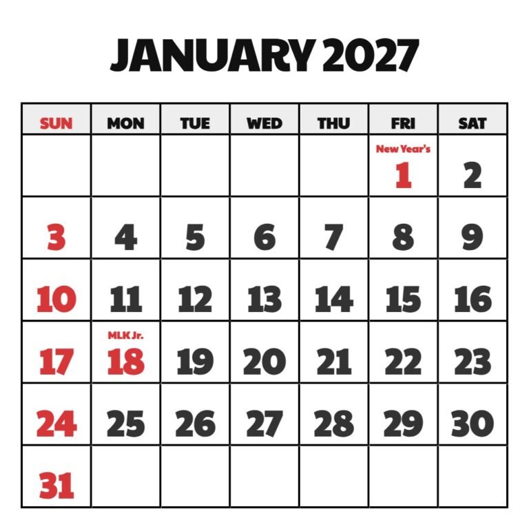 January 2027 Calendar Wiki Printable PDF Download