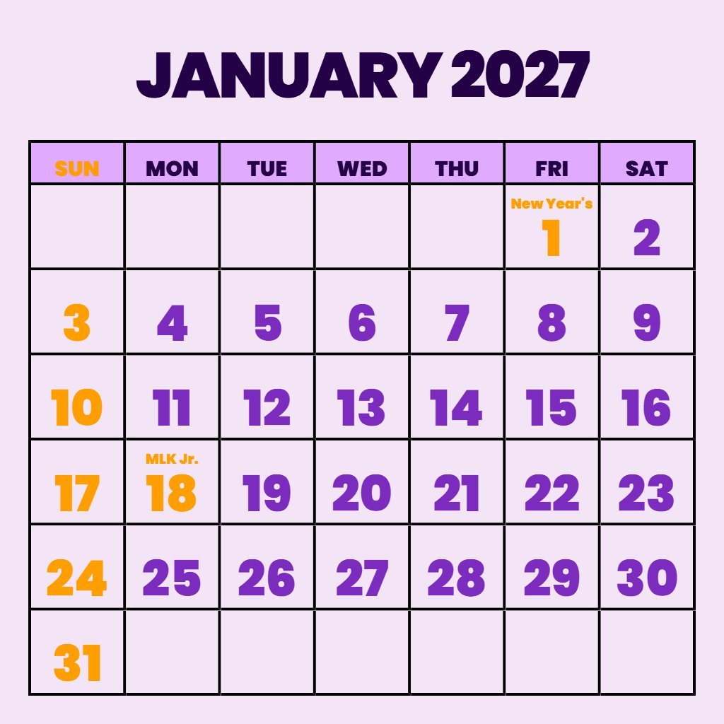 Custom January 2027 Calendar With Holidays Printable Notes PDF Download