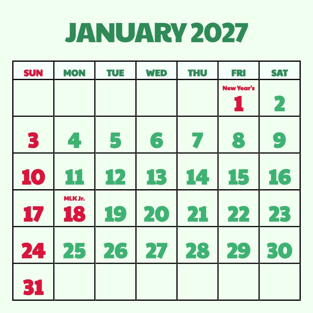 Cute January 2027 Calendar With Holidays Printable Notes PDF Download