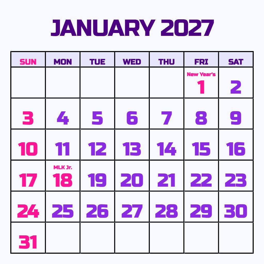Free January 2027 Calendar With Holidays Printable Free Schedule PDF Download