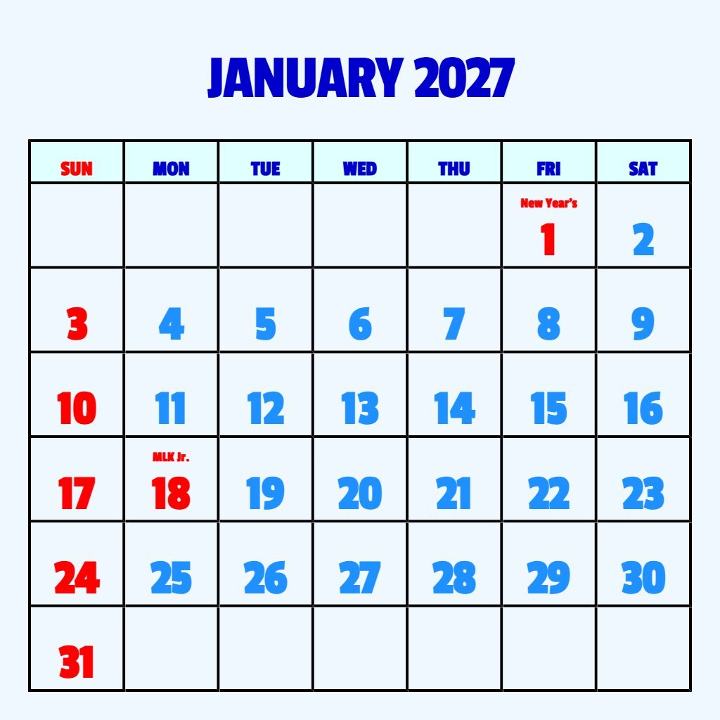 Editable January 2027 Calendar With Holidays Printable Free Schedule PDF Download