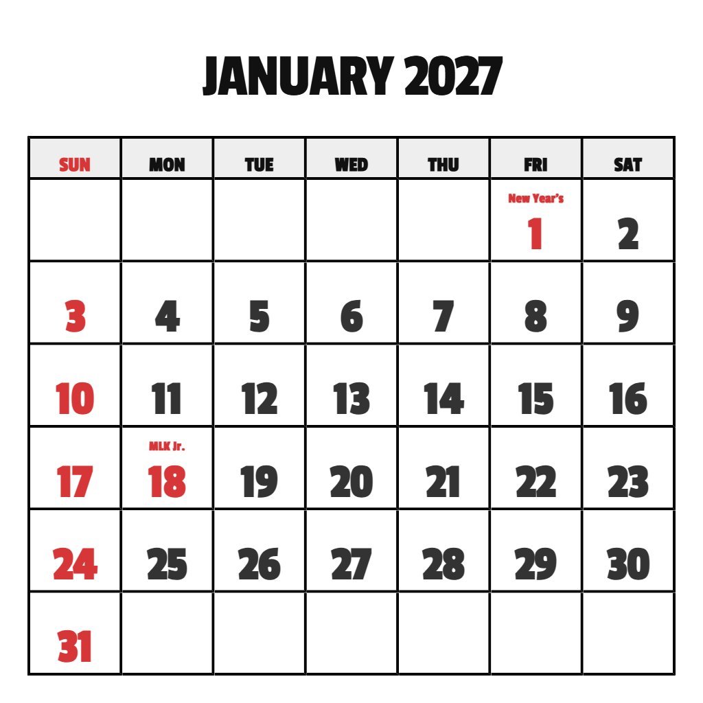 January 2027 Calendar With Holidays Printable Free PDF Download