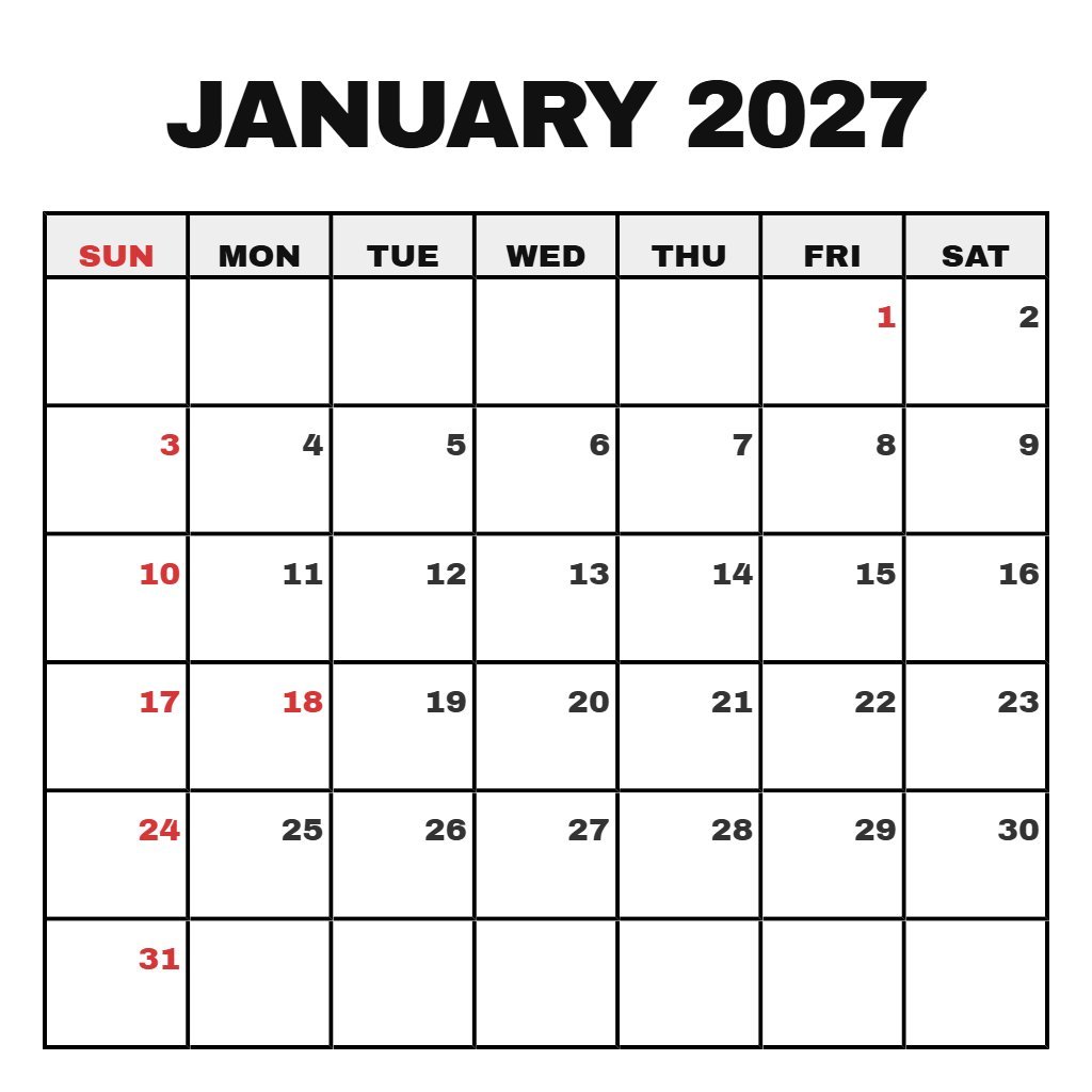 Cute January 2027 Free Printable Calendar Wallpaper PDF Download