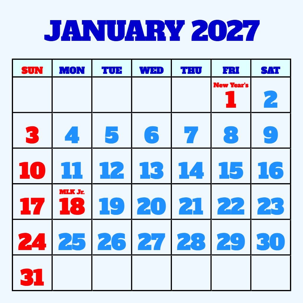 Editable January 2027 Free Printable Calendar Planning PDF Download