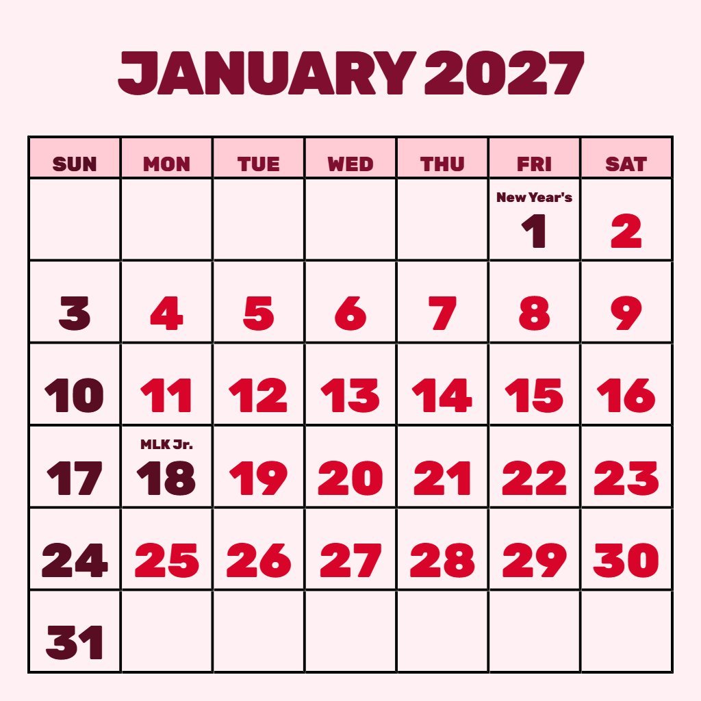 Editable January 2027 Free Printable Calendar Schedule PDF Download