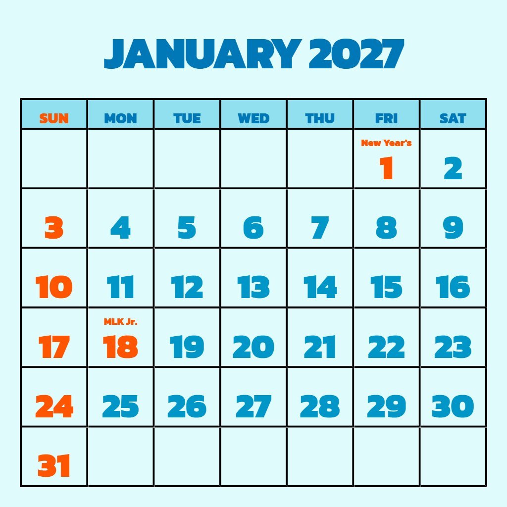 Custom January 2027 Monthly Calendar Printable Schedule PDF Download