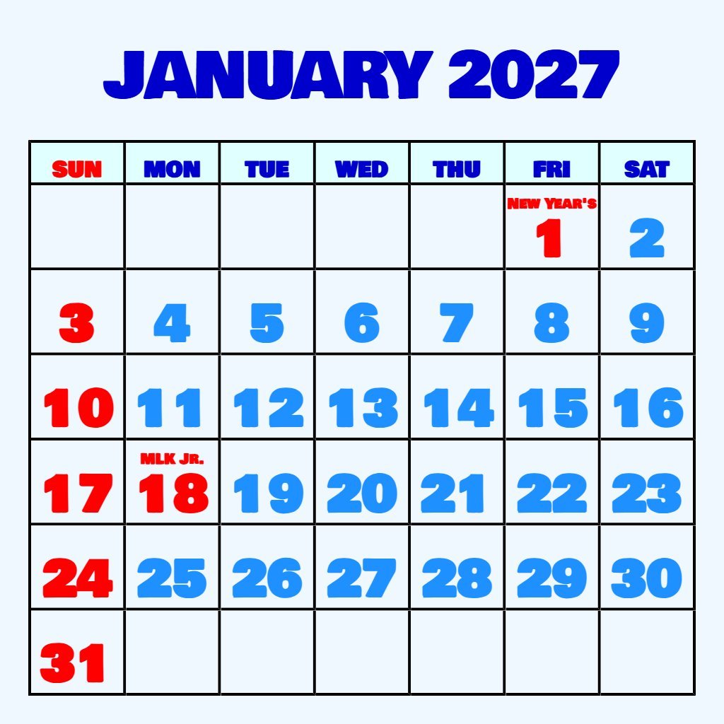 Custom January 2027 Monthly Calendar Printable Notes PDF Download