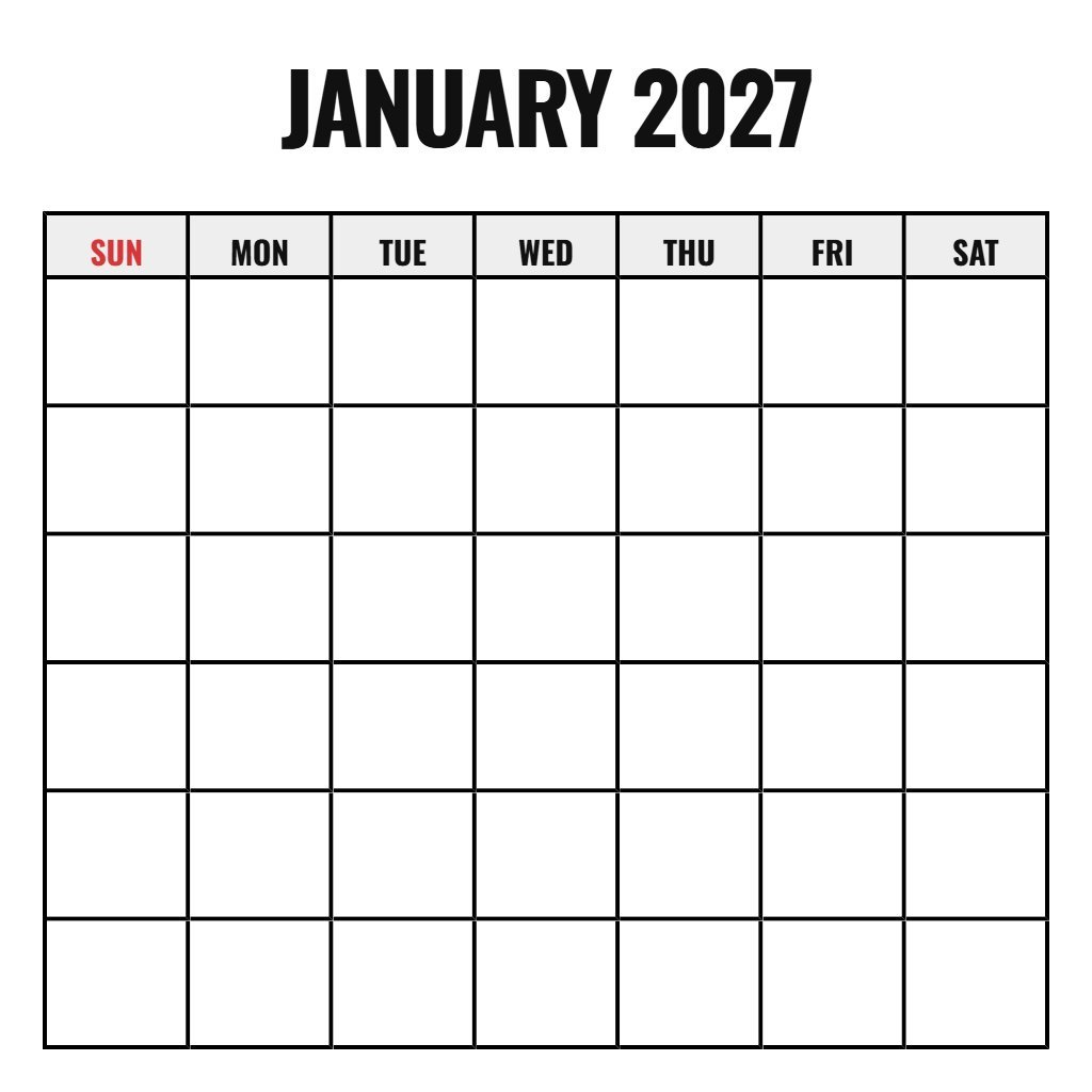 January 2027 Monthly Calendar Printable Blank PDF Download
