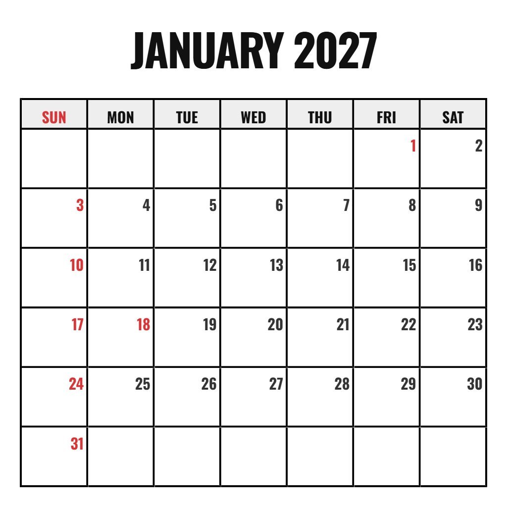 Cute January 2027 Printable Calendar Free Notes PDF Download